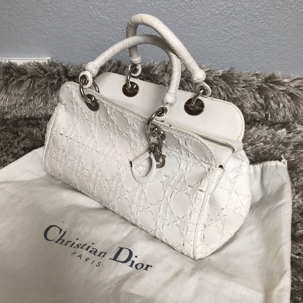 Dior White Quilted Satchel with Silver Hardware